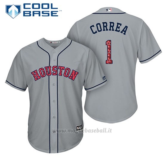 Maglia Baseball Uomo Houston Astros 2017 Estrellas y Rayas Carlos Correa Grigio Cool Base